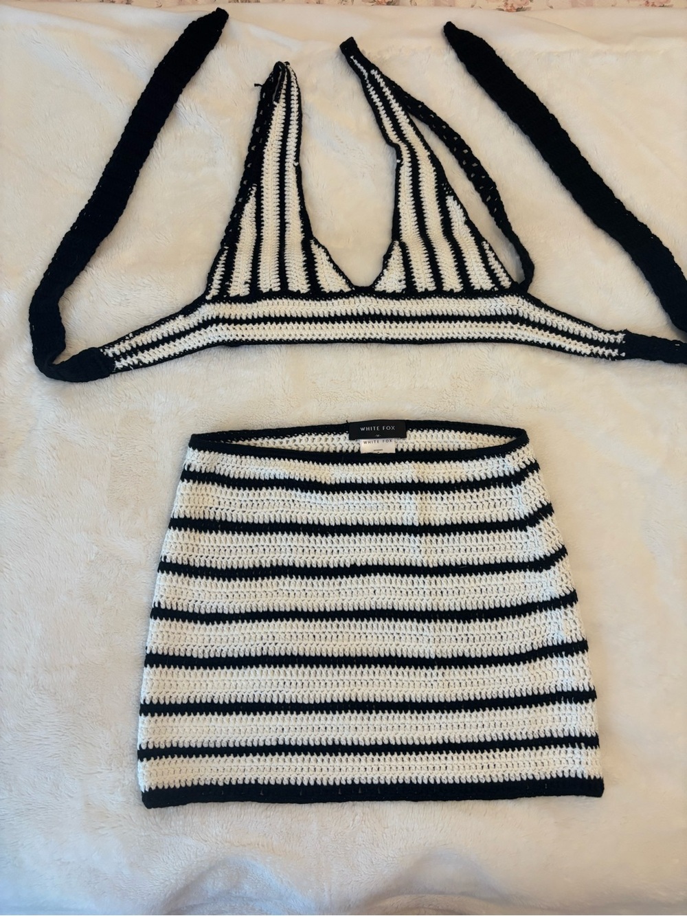 White Fox Boutique Black and White Striped Crochet Mini Skirt